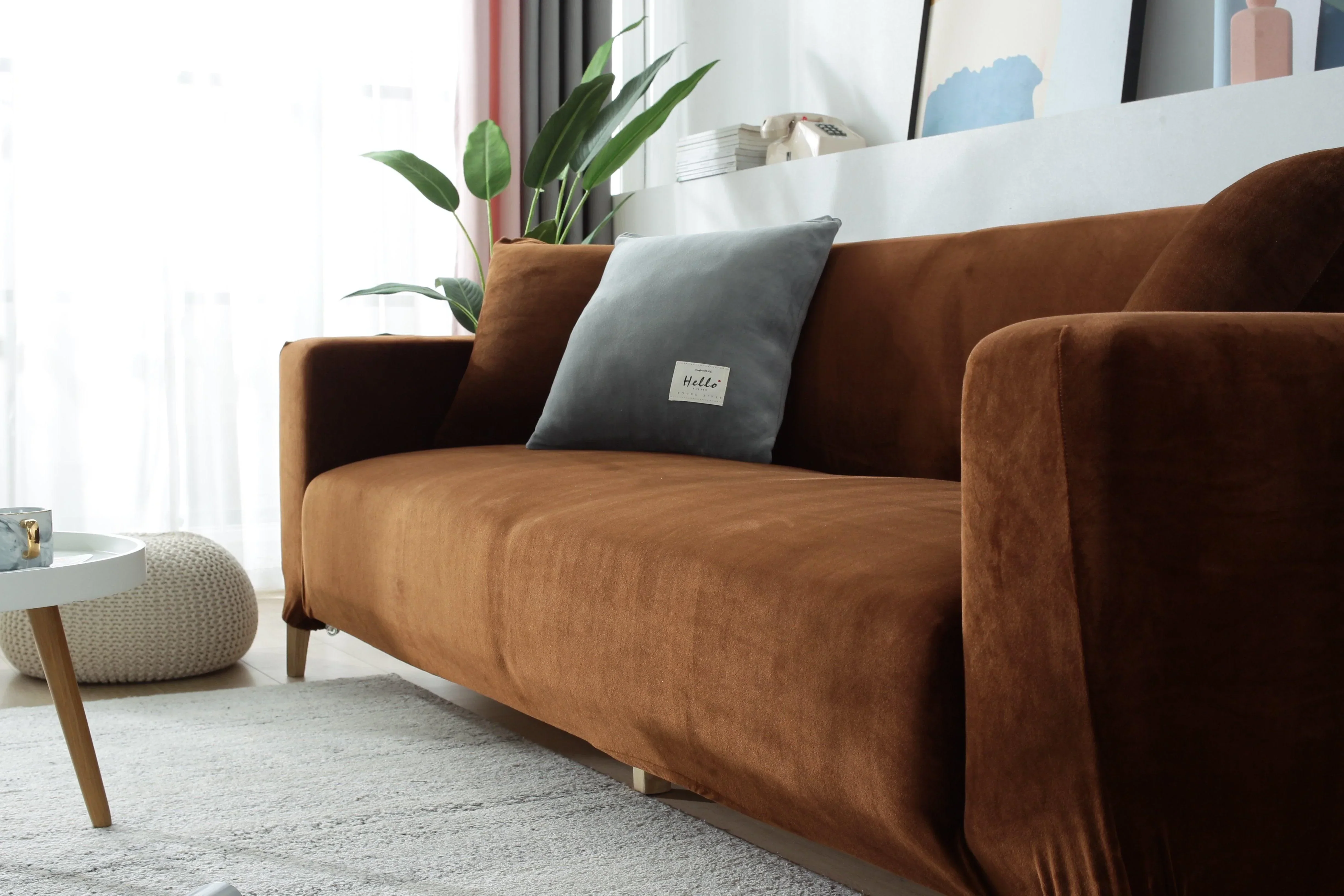 Sofa Cover - Velvet - Brown - Adaptable & Expandable - Image 2