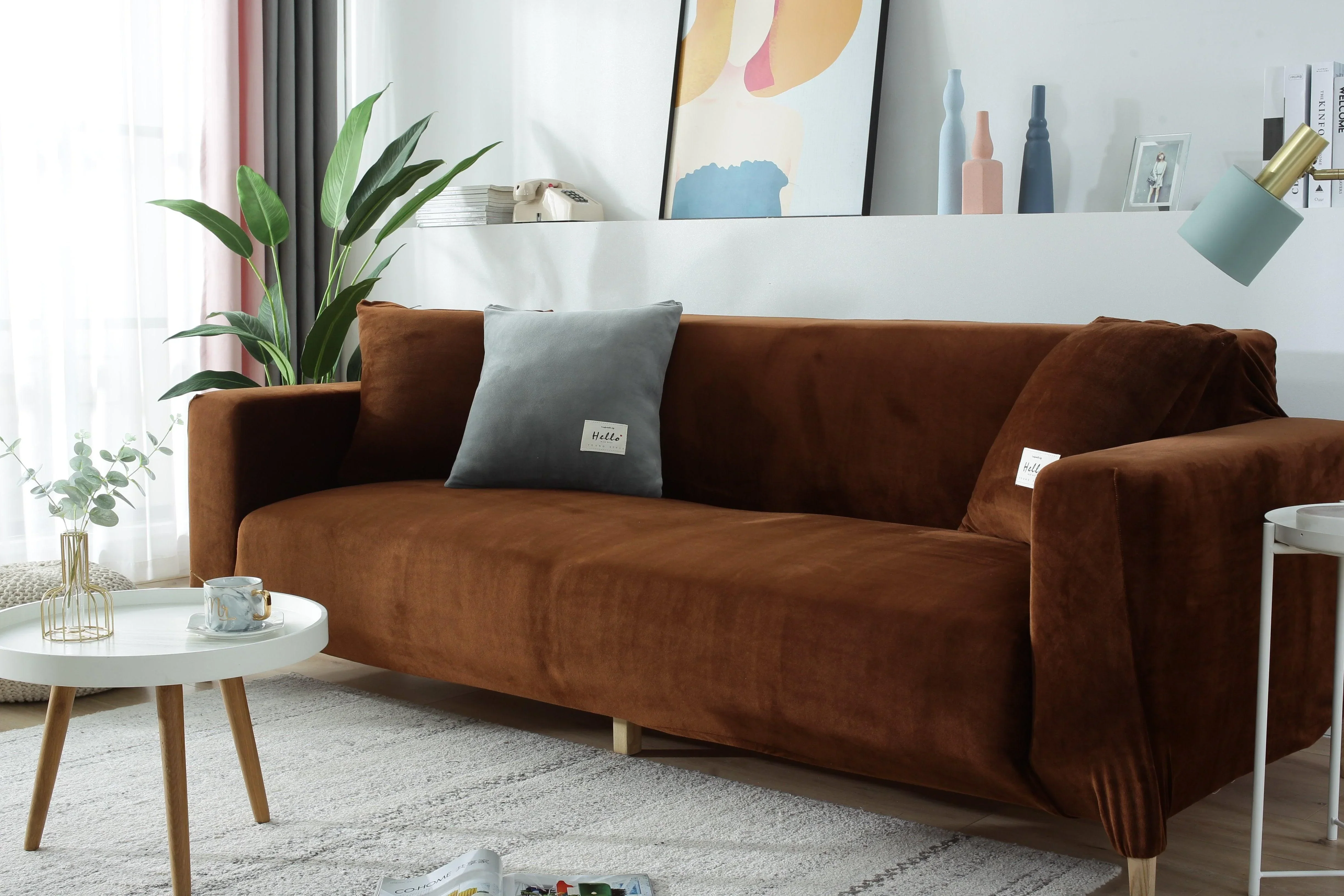 Sofa Cover - Velvet - Brown - Adaptable & Expandable - Image 8