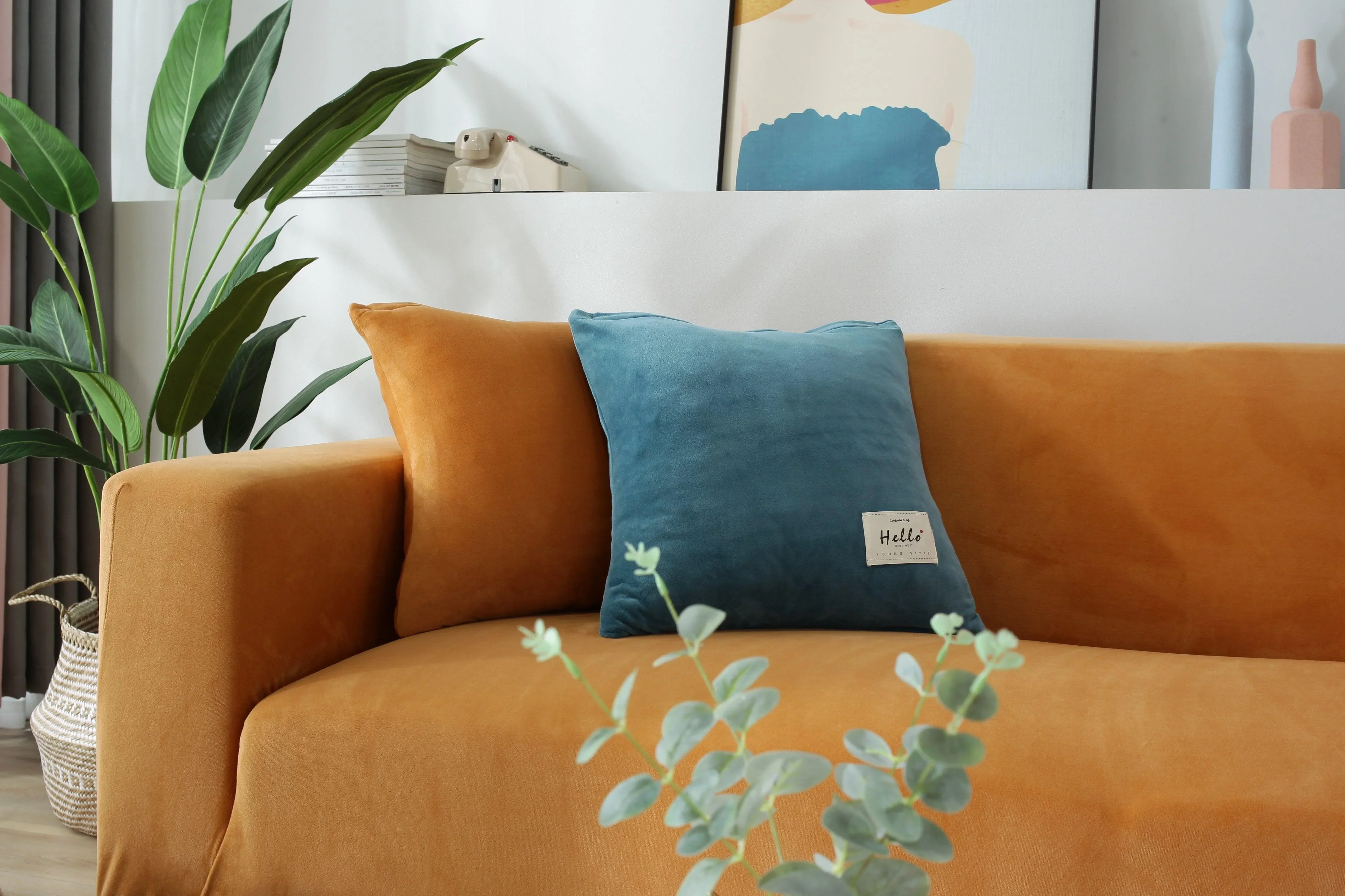 Sofa Cover - Velvet - Orange - Adaptable & Expandable - Image 2